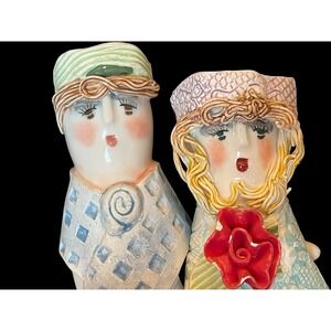 Ceramic Seated Couple Candle Holder Pastel Folk Art Whimsical Excellent